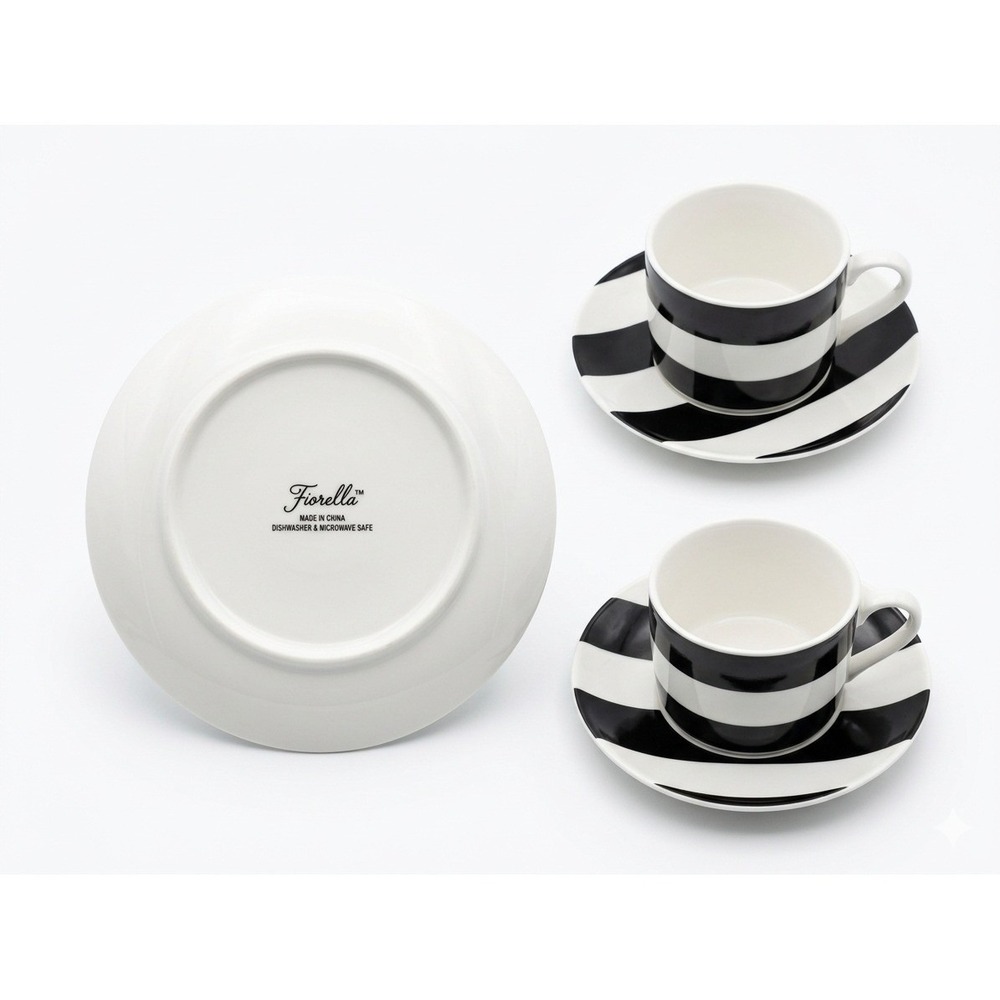 Fiorella Black and White Striped Ceramic Tea Espresso Set 2 Cups 3 Plates